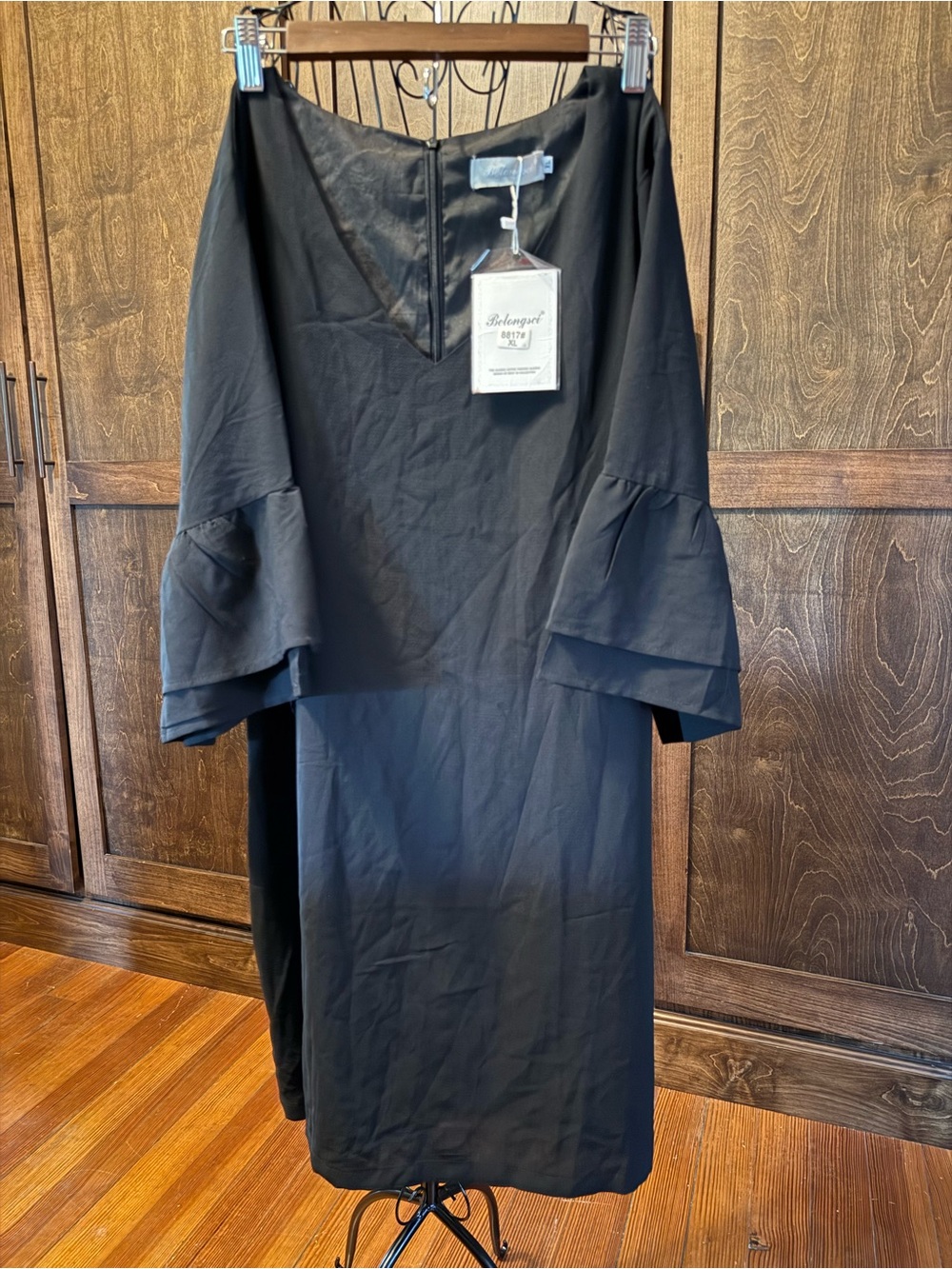 Elegant Black V-Neck Midi Dress with Tiered Bell Sleeves